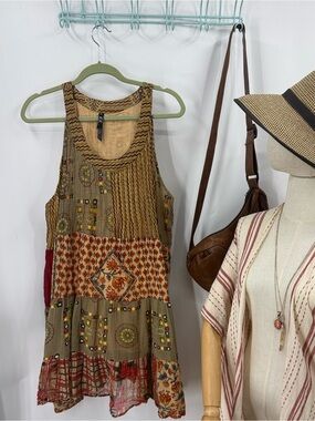 ETC. 100% Cotton Tiered  Dress Bohemian Patchwork Sleeveless Tunic Dress